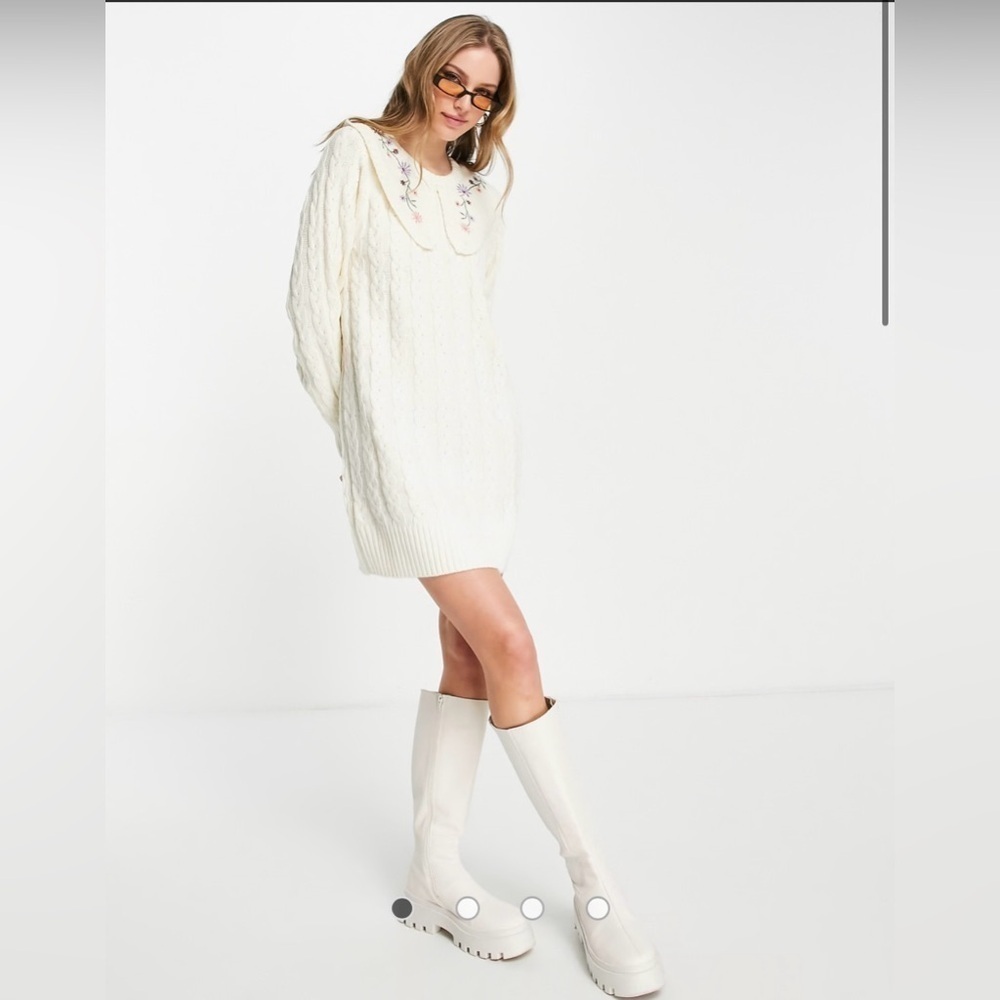ASOS Neon Rose oversized sweater dress with vintage embroidered collar size XS